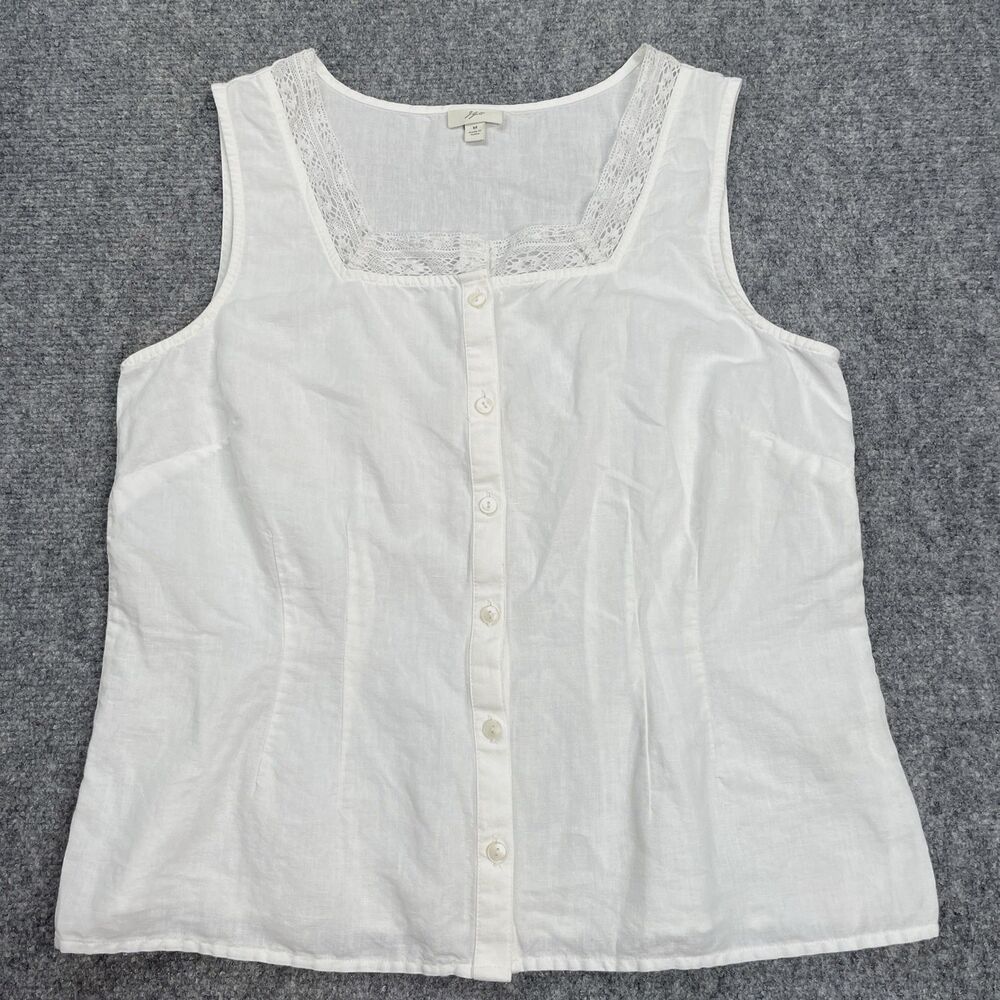 J. Jill White Linen Lace-Trim Button Front Tank